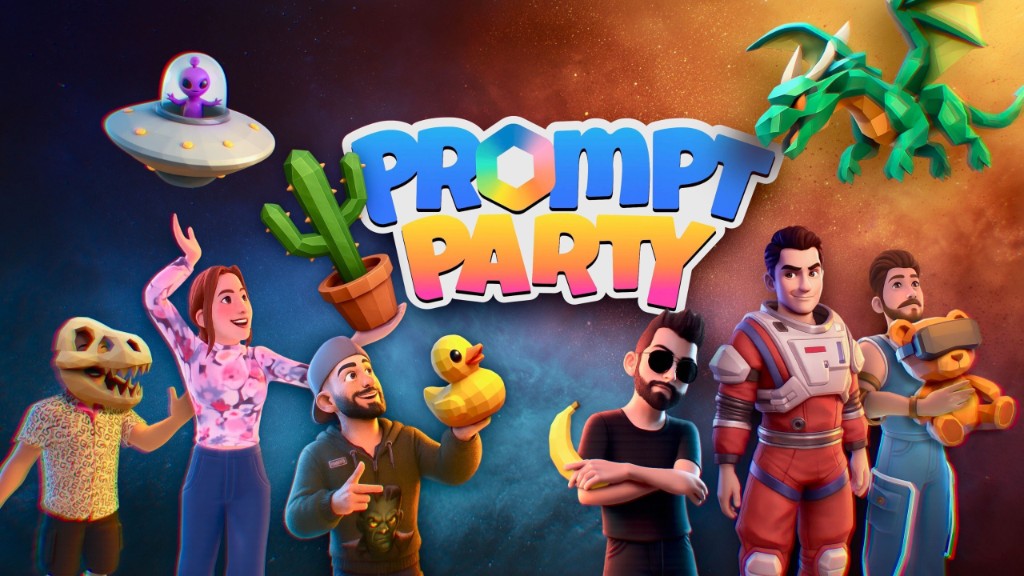 Prompt Party key art, with the colorful logo and a group of characters